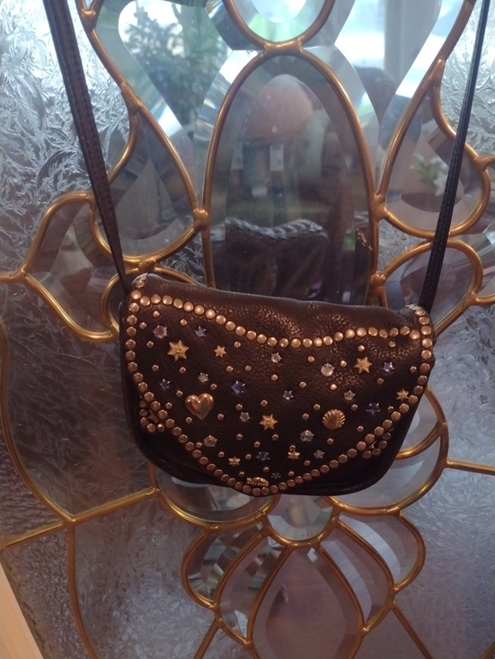 Handbags - Studded Black Crossbody Bag with Star & Heart Accents
